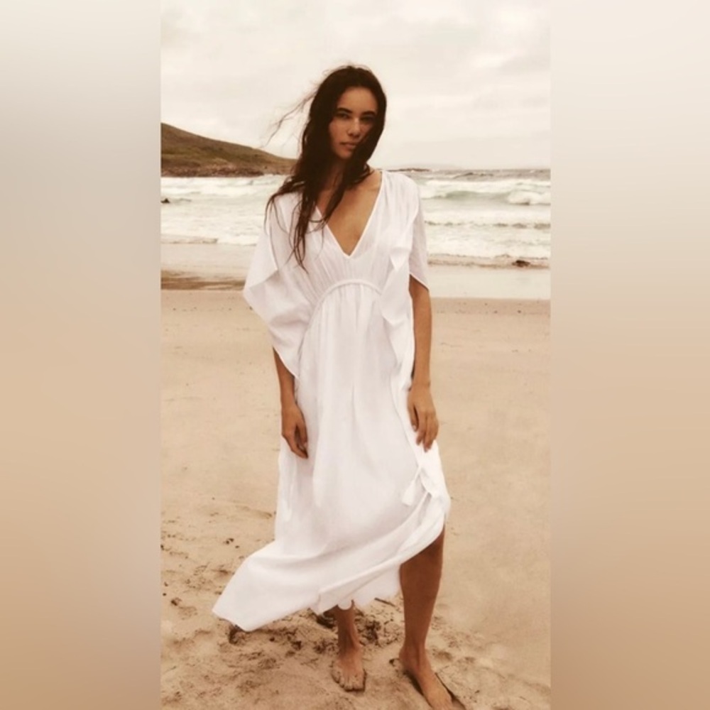 Zara white braided empire waist side tie‎ v-front kaftan dress size XS-S new